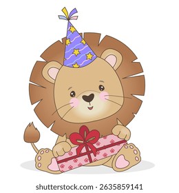 Adorável leão de desenho animado em um chapéu de festa brilhante segurando um presente embrulhado com um arco vermelho. A ilustração vetorial é perfeita para festas de aniversário de crianças, convites e celebrações.