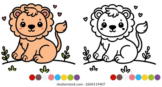 Adorable Cartoon Lion Coloring Page for Kids – Black and White and Colored Version