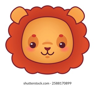 Adorable cartoon lion cub smiling widely, showcasing a fluffy mane and vibrant orange fur, ideal for children s products, playful logos, and cheerful illustrations