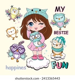 Adorable cartoon little girl in anime style with cute owls. Vector illustration for children. Design print for T-shirt