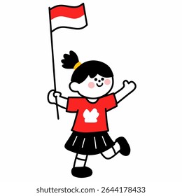 Adorable cartoon of a little Indonesian girl waving the national flag with joy. Perfect for Independence Day, cultural celebrations, kids’ events, and patriotic themes.