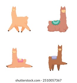 Adorable colección de llama de dibujos animados, divertidos, alegres y juguetones personajes animales en Ilustraciones vectoriales de colores pastel y Clipart para libros infantiles y proyectos de Diseño gráfico