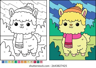 Adorable cartoon llama with scarf and hat. Educational color by number activity and finished illustration for children's games and books.