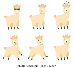 Adorable Cartoon Llamas with Various Playful Poses and Accessories for Fun and Whimsical Stock Illustration