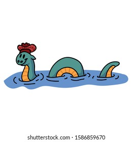 Adorable Cartoon Loch Ness Monster Clip Art. Wild Mythical Animal Icon. Hand Drawn Legendary Beast from Lake Mythology Motif Illustration Doodle in Flat Color. Isolated Reptile. Vector EPS 10. 