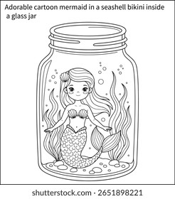 Adorable cartoon mermaid in a seashell bikini inside a glass jar.