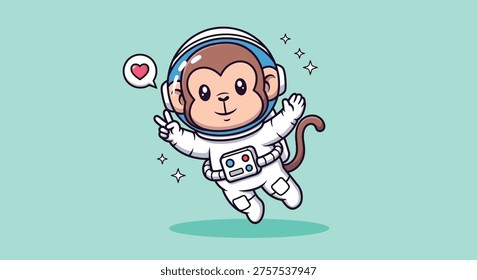 An adorable cartoon monkey astronaut floats in space, making a peace sign and showing a heart, perfect for children's designs and space themes.