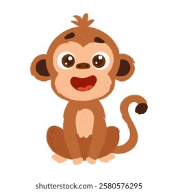 Adorable cartoon monkey with brown fur, big eyes, and a cheerful expression, sitting playfully with a curled tail and joyful pose. Cute Cartoon Monkey Sitting Happily