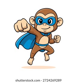 Adorável personagem de macaco de desenho animado vestido como um super-herói com uma máscara azul e capa, voando ou pulando para a frente. Ilustração vetorial dinâmica sobre fundo branco, perfeito para temas infantis ou conceitos heroicos.