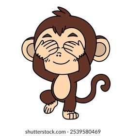 Adorable cartoon monkey covering its eyes with both hands, posing playfully. Perfect for designs aimed at children, educational materials, or fun, lighthearted projects. Vector image.