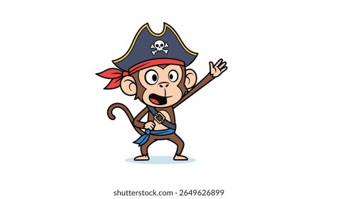 Adorable cartoon monkey dressed as a pirate waving hello with a joyful expression and pirate hat