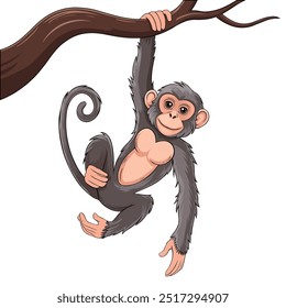 Adorável Cartoon Monkey Hanging do galho da árvore - Chimpanzé, Ape Vetor ilustração