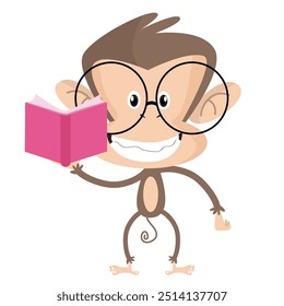 Adorable Cartoon Monkey Reading Book with Glasses, student design illustration 