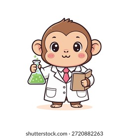 Adorable personaje científico de mono de dibujos animados con una bata y corbata de laboratorio, sosteniendo un vaso de precipitados verde y un libro abierto. Linda ilustración animal para la ciencia y la educación.