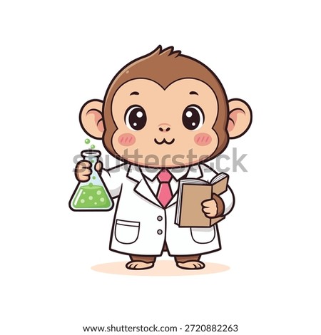 Adorable cartoon monkey scientist character in a lab coat and tie, holding a bubbling green beaker and an open book. Cute animal illustration for science and education.