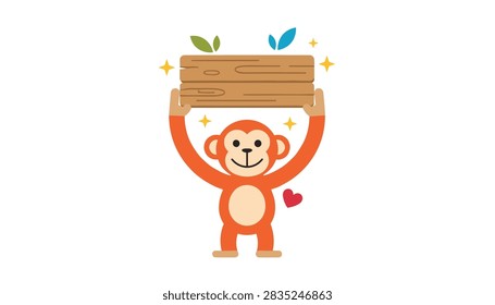 Adorable cartoon monkey standing and holding a blank wooden sign board above its head on a clean white background.