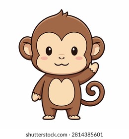Adorable cartoon monkey standing upright, waving with a cheerful expression, featuring large eyes, round ears, and a curly tail, suitable for childrens content.