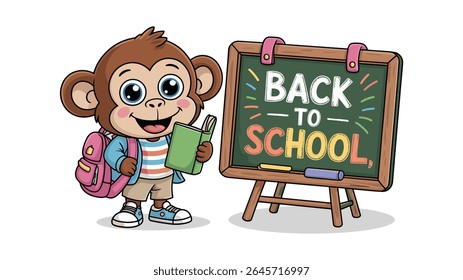 Adorável Aluno de Macaco de Cartoon com Mochila e Back to School Chalkboard