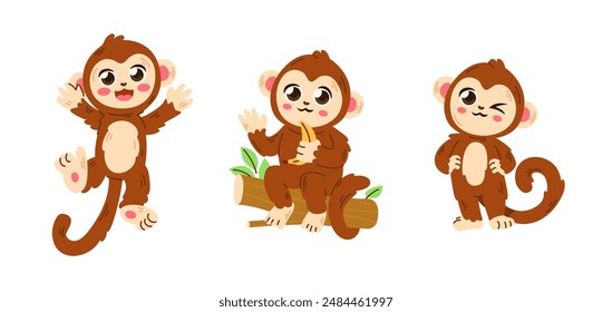 Adorable cartoon monkeys in various playful poses, featuring cheerful expressions and a vibrant, fun design.