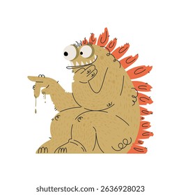 Adorable cartoon monster character with tan fur, orange spikes, and big eyes. The monster is seated and holds a finger dripping with green slime, in an amusing pose.