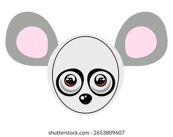 Adorable cartoon mouse head illustration with big round ears, large expressive eyes, and a cute button nose. Perfect for children's designs, educational materials, fun branding, and creative projects.