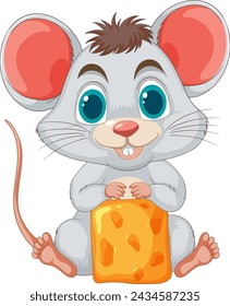 Adorable cartoon mouse holding a block of cheese
