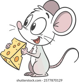 Adorable cartoon mouse holding cheese, vibrant vector artwork for digital designs and projects.