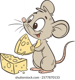 Adorable cartoon mouse holding cheese, vibrant vector artwork for digital designs and projects.