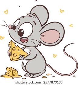 Adorable cartoon mouse holding cheese, vibrant vector artwork for digital designs and projects.