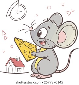 Adorable cartoon mouse holding cheese, vibrant vector artwork for digital designs and projects.