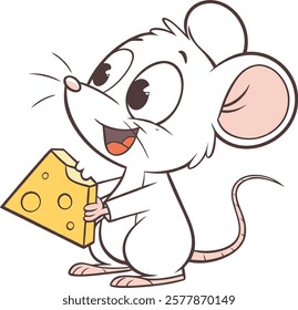 Adorable cartoon mouse holding cheese, vibrant vector artwork for digital designs and projects.