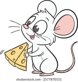 Adorable cartoon mouse holding cheese, vibrant vector artwork for digital designs and projects.