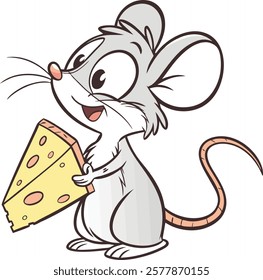 Adorable cartoon mouse holding cheese, vibrant vector artwork for digital designs and projects.