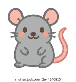 Adorable cartoon mouse with pink cheeks and curled tail in a kawaii style. Perfect for stickers, children’s books, and fun designs. Clean and minimal character illustration.