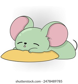 Adorable cartoon mouse sleeping peacefully on a yellow pillow.