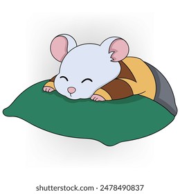 Adorable cartoon mouse sleeping peacefully on a green pillow. Perfect for children's content and relaxation themes.