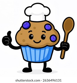 Adorable cartoon muffin character with blueberries, wearing a chef hat, holding a wooden spoon. Perfect for bakery, dessert, or kids cooking themes.