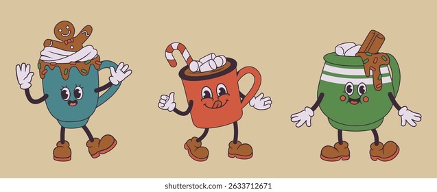 Adorable cartoon mugs filled with whipped cream, candy canes, cinnamon sticks, and gingerbread, perfect for Christmas themes. Rubber hose style, retro groovy mascot.