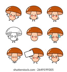 Adorable cartoon mushroom characters showcasing various emotions and poses in a playful, illustrative style.
