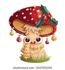 An adorable cartoon mushroom decorated with festive ornaments, adorned with a cheerful scarf for the holiday spirit