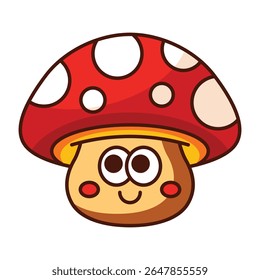 Adorável cogumelo de desenho animado com boné vermelho e rosto sorridente isolado no fundo branco