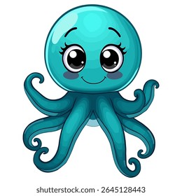 Adorable Cartoon Octopus with Big Eyes and a Friendly Smile, Its Tentacles Curling Delightfully on a White Background