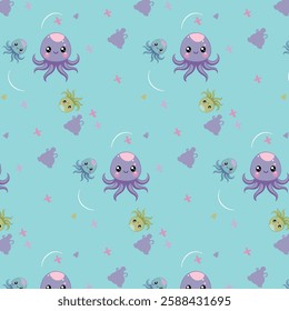 Adorable Cartoon Octopus and Sea Creatures on Blue Background