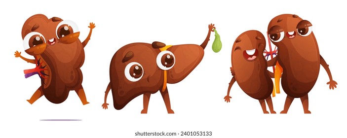 Adorable Cartoon Organ Characters. Loving Organ Buddies, Jumping for Joy! Cheerful Spleen Celebrates, Liver Surprised with Gallbladder in Hand.