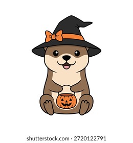 Adorable nutria de dibujos animados vestida con un sombrero de bruja y sosteniendo una calabaza, perfecto para temas y diseños de Halloween.