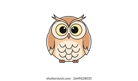Adorable cartoon owl character illustration with big expressive eyes and feathered details in a simple minimalist style on a white background
