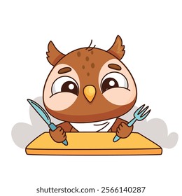 An adorable cartoon owl character is joyfully sitting at a table, eagerly ready to eat with a fork and a knife