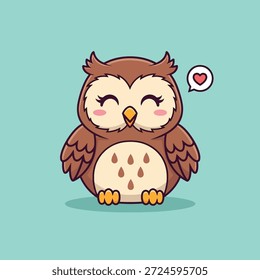 Un adorable búho de dibujos animados con una expresión feliz y un ícono de corazón Pequeño en una burbuja de discurso, sobre un fondo simple.