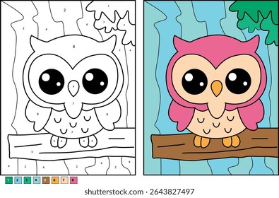 Adorable cartoon owl illustration with big eyes for color by number activity page, perfect for children's coloring books, educational games, and fun learning resources about birds and nature.
