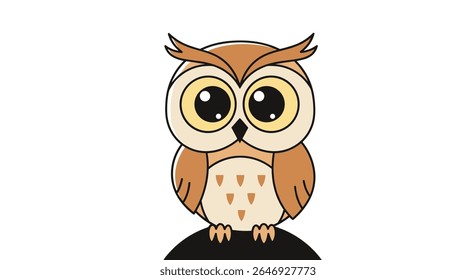Adorable Cartoon Owl Illustration Sitting on a Branch with Big Expressive Eyes